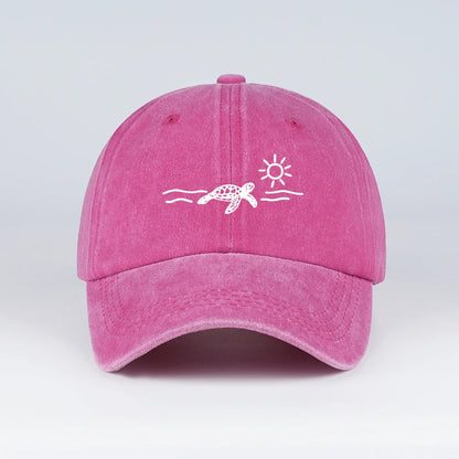 Vintage Washed Baseball Cap with Turtle, Sun, and Wave Print
