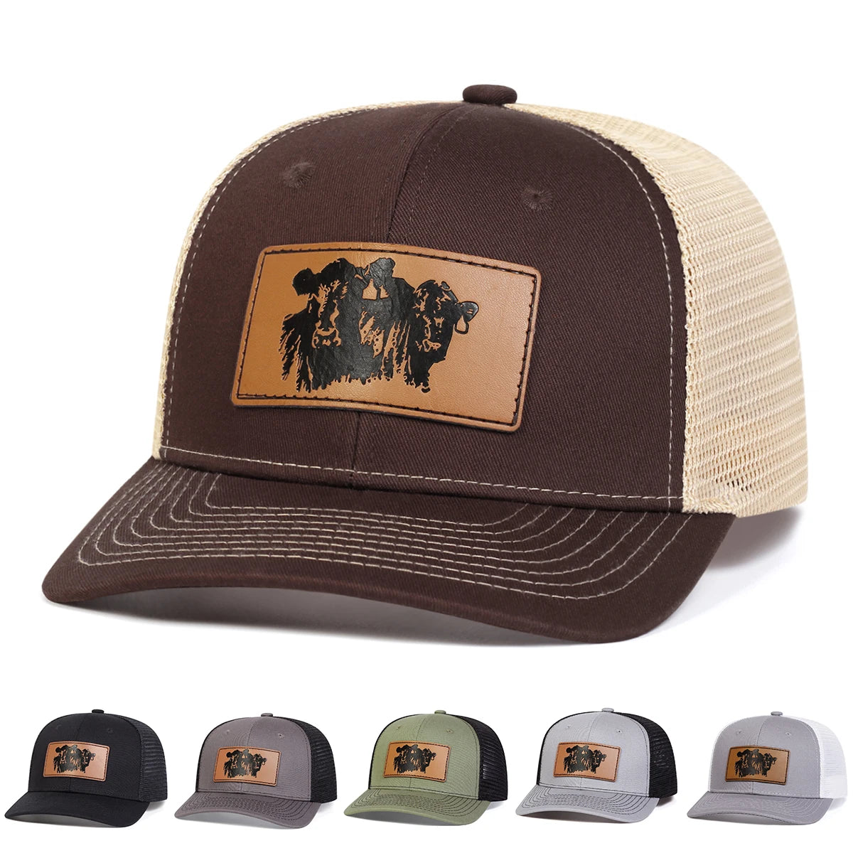 Unisex Brown Bull Head Leather Label Baseball Net Caps Spring and Summer