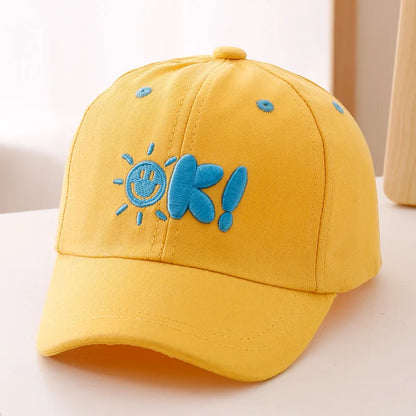 Simple Painting Style Sun Pattern Combined With Three Dimensional OK! Letter Embroidered Baseball Cap