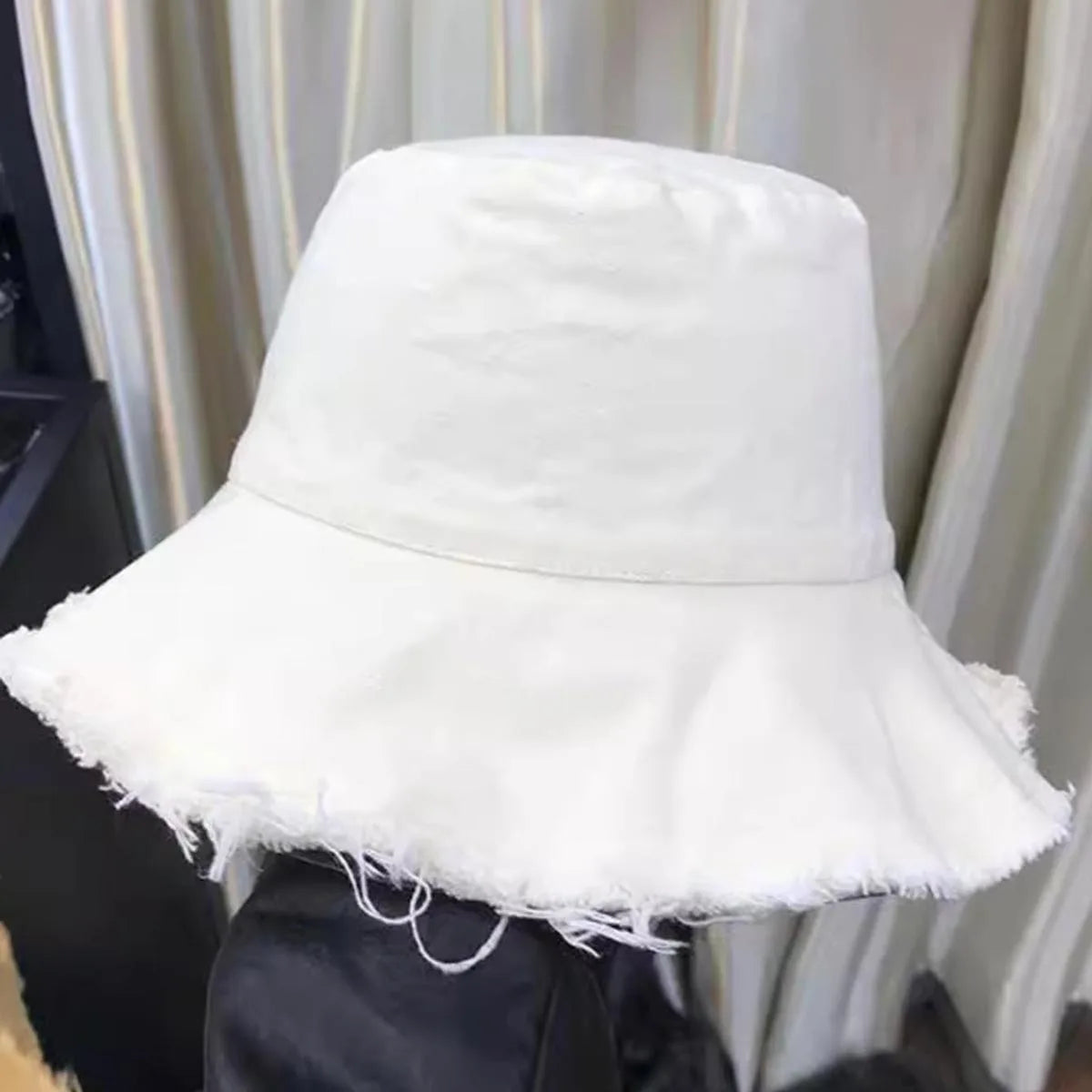 Frayed Edge Bucket Hat Japanese Style Solid Color Denim Fisherman Hat Women's