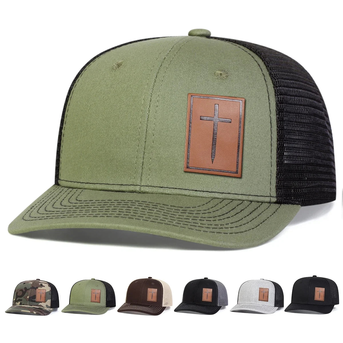 Unisex Cross Brown Leather Label Baseball Net Caps Outdoor Adjustable Casual Sunscreen Hat