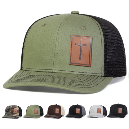 Unisex Cross Brown Leather Label Baseball Net Caps Outdoor Adjustable Casual Sunscreen Hat