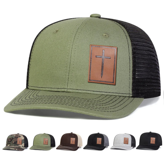 Unisex Cross Brown Leather Label Baseball Net Caps Outdoor Adjustable Casual Sunscreen Hat