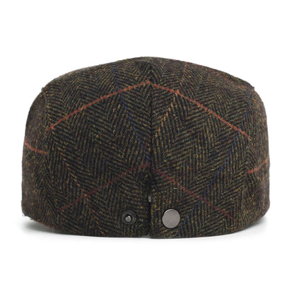 Newsboy Cap Men Winter Thick Warm Vintage Herringbone Casual Stripe Berets Flat Hat