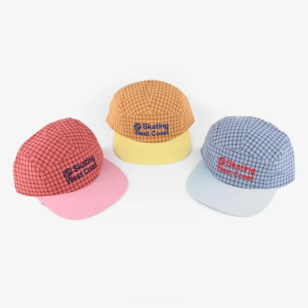 Cotton Baseball Cap Embroidered Plaid 5 Panel Hat Unisex