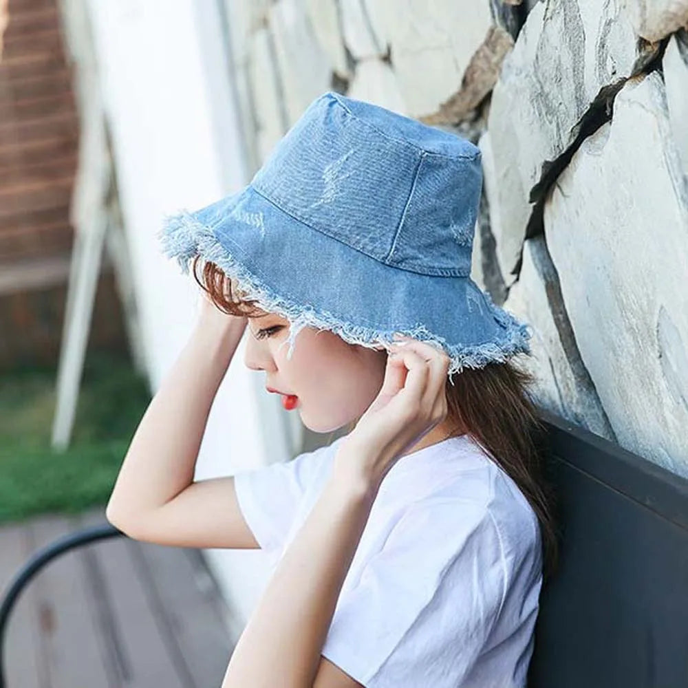 Soft Retro Denim Bucket Hats Sunshade Wide-Brimmed Shabby Fisherman Hat