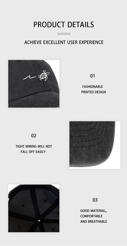 Retro Washed Baseball Cap With Wave Turtle and Sun Print Unisex Adjustable Dad Cap Summer Beach Sun Hat