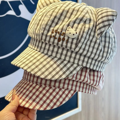 Cat Ear Plaid Newsboy Cap Y2k Aesthetic For Women Kawaii Octagonal Painter Hat Street Snap Sweet Girl Cap