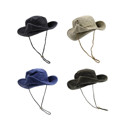 Retro Black Drawstring Fisherman Climbing Hats Stylish Wide Brim Cotton Caps