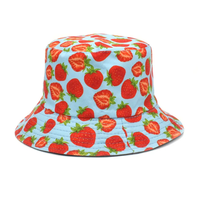Reversible Strawberry Fruit Print Bucket Hats Women Men Summer