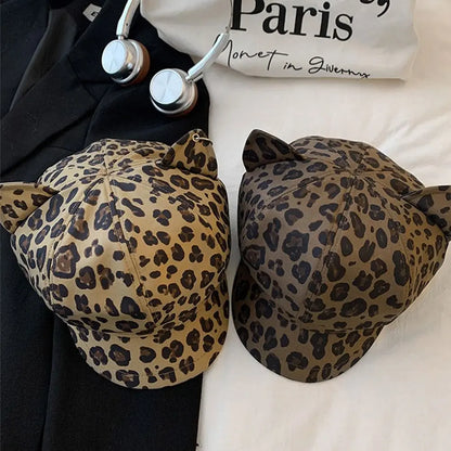 Retro Style Cat Ears Cap Leopard Print Octagonal Shape Cat