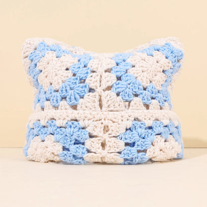 Niche Cute Cat Ear Color Matching Hand-Crocheted Beanie Hat