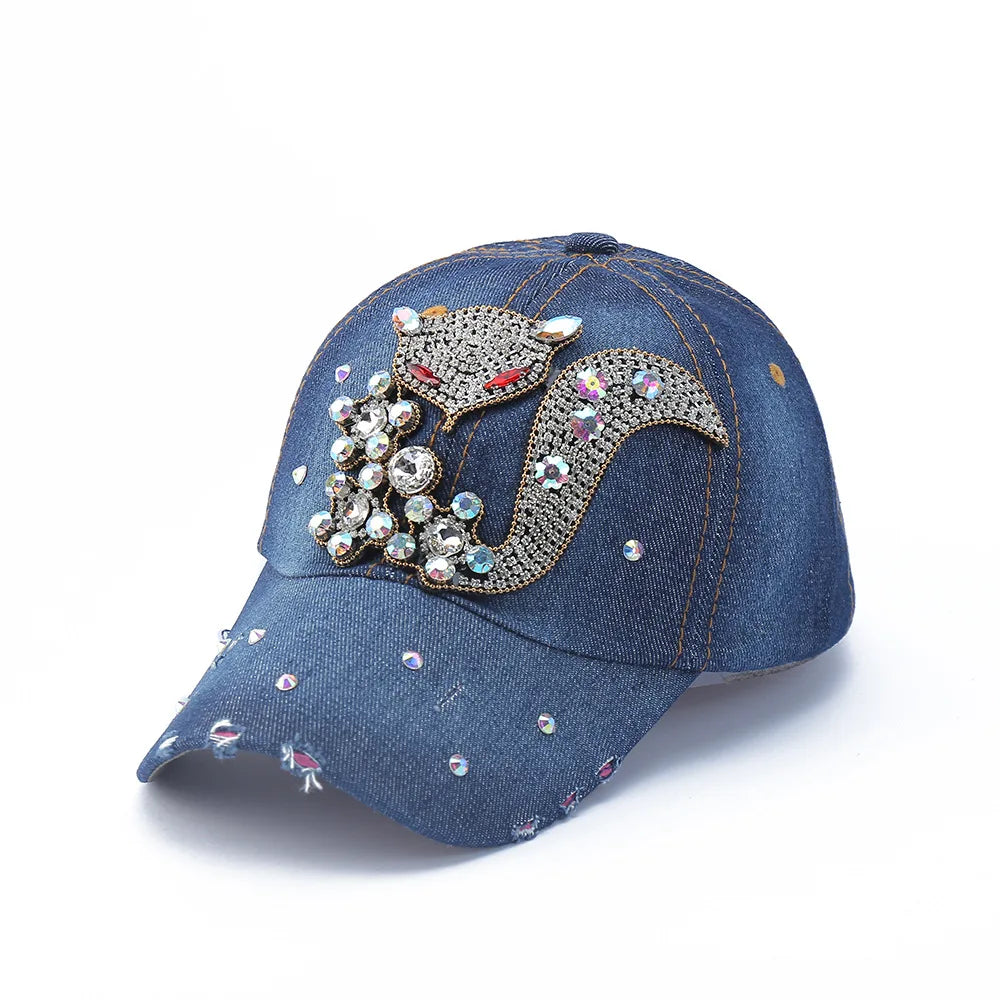 Baseball Cap Denim Distressed Rhinestone Bling Sparkle Hip Hop Hat