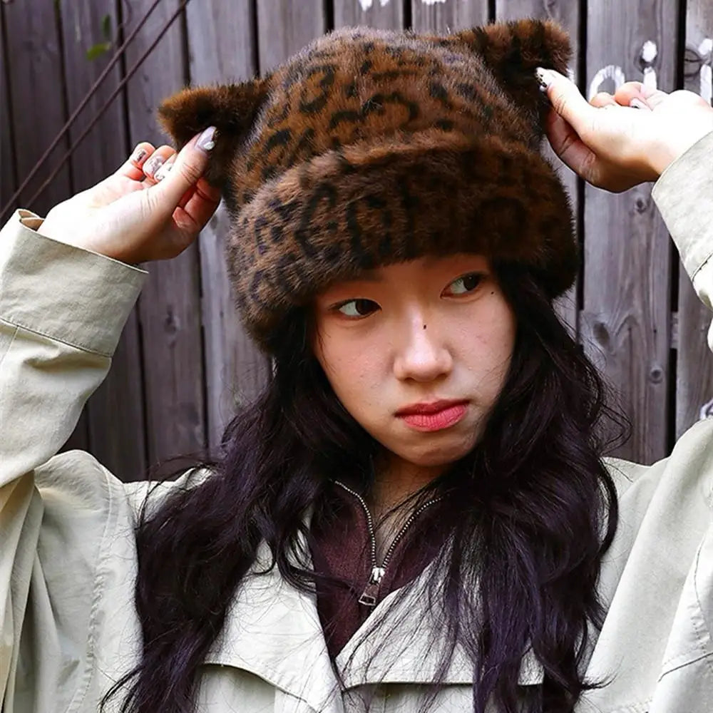 Leopard Print Fur Plush Beanie Teddy Bear Hat