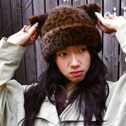 Leopard Print Fur Plush Beanie Teddy Bear Hat