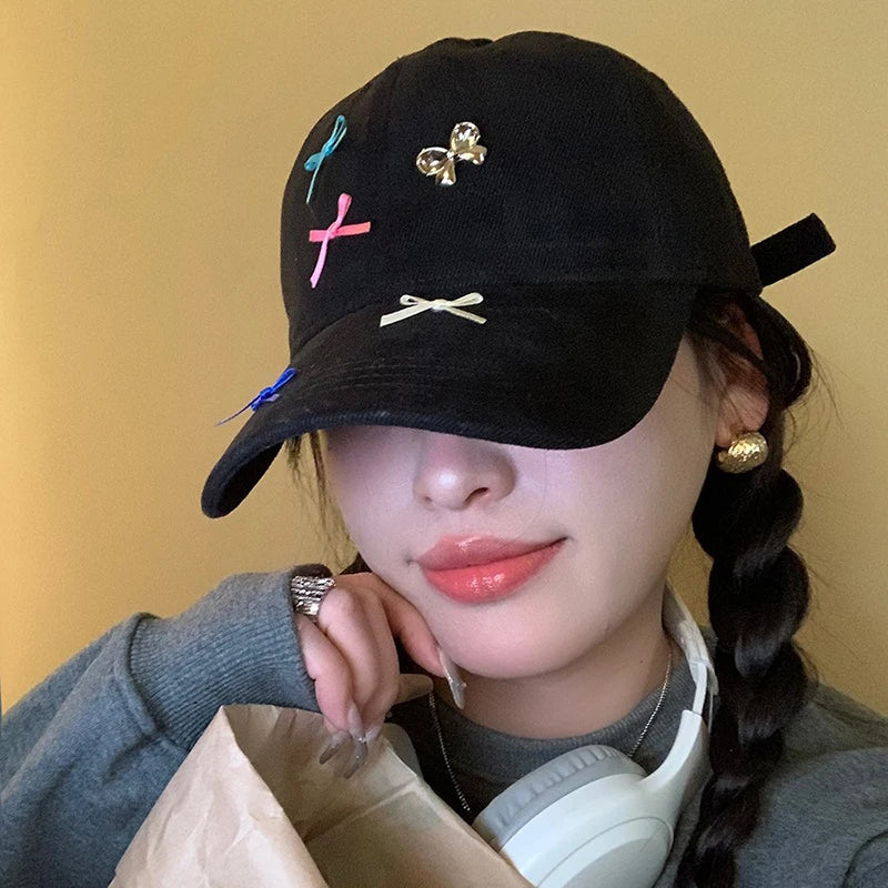 Women Bow Baseball Hat Y2k Shiny Rhinestone Duck Tongue Hats