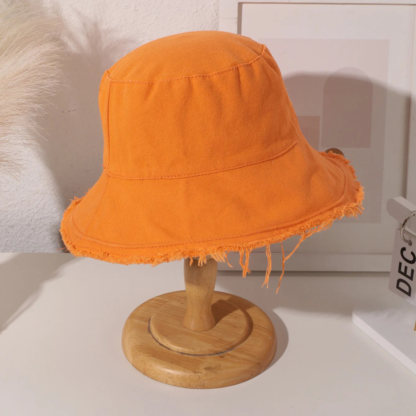 Women's Frayed Edge Bucket Hat Cotton Black Fisherman Cap