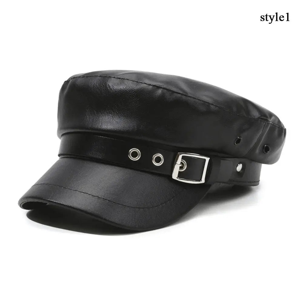 Fashion Women Berets Black Pu Leather Flat Top Newsboy Caps