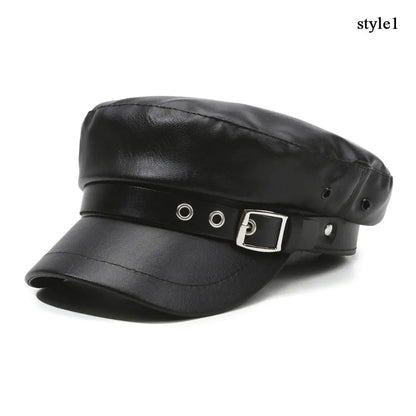 Fashion Women Berets Black Pu Leather Flat Top Newsboy Caps