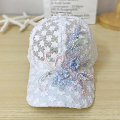 Unisex Lace Flower Embroidery Breathable Baseball Net Caps