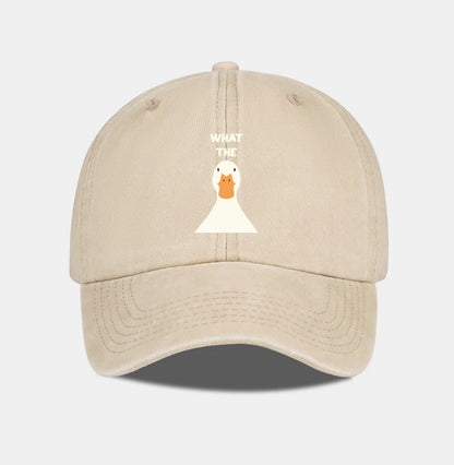Washed Baseball Cap With What The Duck Print  Adjustable Curved Brim Dad Hat For Casual Streetwear & Daily