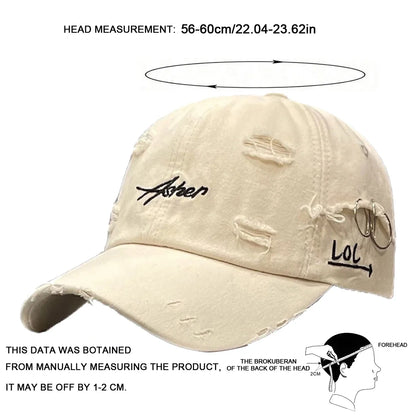 Unisex Asher Embroidery Broken Hole Iron Ring Baseball Caps