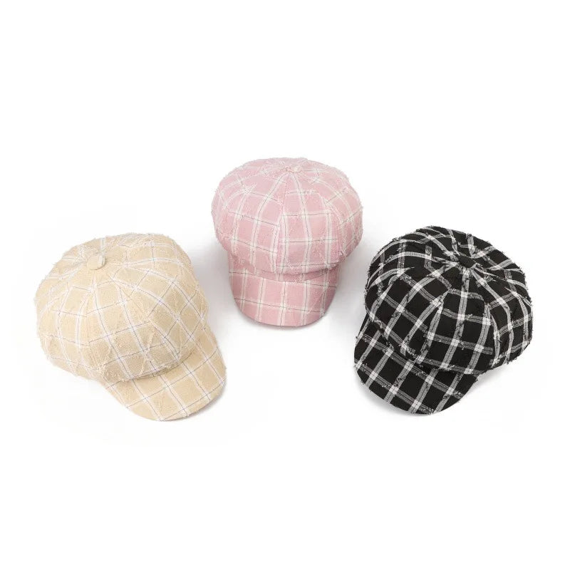 Korean Fashion Plaid Women's Berets Spring Autumn Octagonal Painter Cap