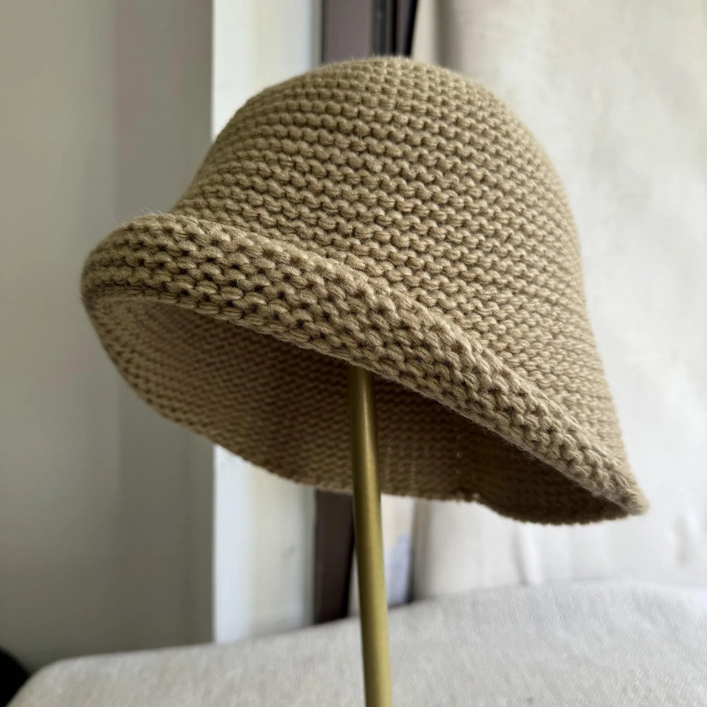 Women Wool Knit Bucket Hat Rolled Brim Warm Fisherman Cap For Autumn Winter