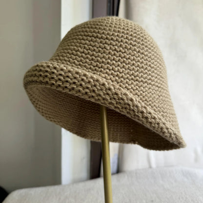 Women Wool Knit Bucket Hat Rolled Brim Warm Fisherman Cap For Autumn Winter
