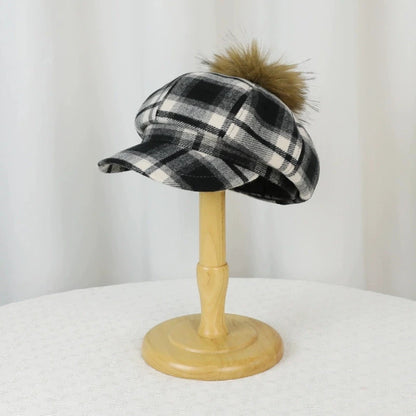 British Retro Autumn/Winter Women Plaid Beret Sun Shade Warm Octagonal Hats