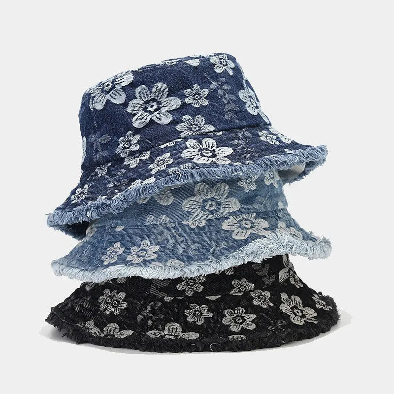 Spring Denim Cartoon Flower Embroidery Bucket Hat