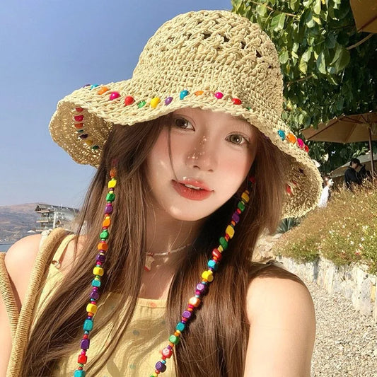 Women Crochet Straw Bucket Hat-Colorful Beaded Sun Hat