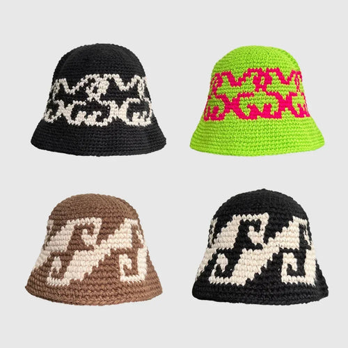 Korean Autumn Winter Retro Crochet Knitted Wool Bucket Hat Women