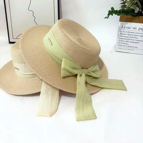 Bow Ribbon Flat Top Straw Hat For Women Summer Woven Straw Sun Hat