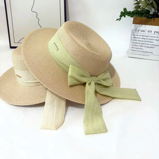 Bow Ribbon Flat Top Straw Hat For Women Summer Woven Straw Sun Hat