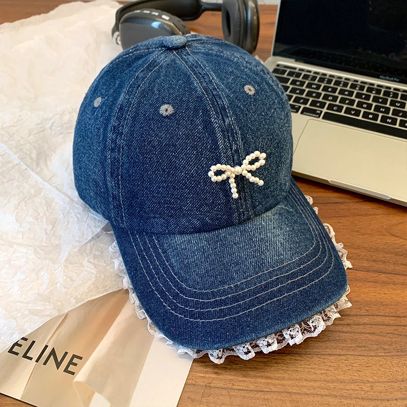 Korean-Style Bow-Tie Knit Baseball Cap Women's