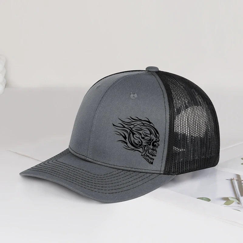 Flame Skull Print Trucker Cap Breathable Mesh Adjustable Cool & Bold Rocker Style Fashion Unisex Outdoor