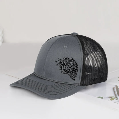 Flame Skull Print Trucker Cap Breathable Mesh Adjustable Cool & Bold Rocker Style Fashion Unisex Outdoor