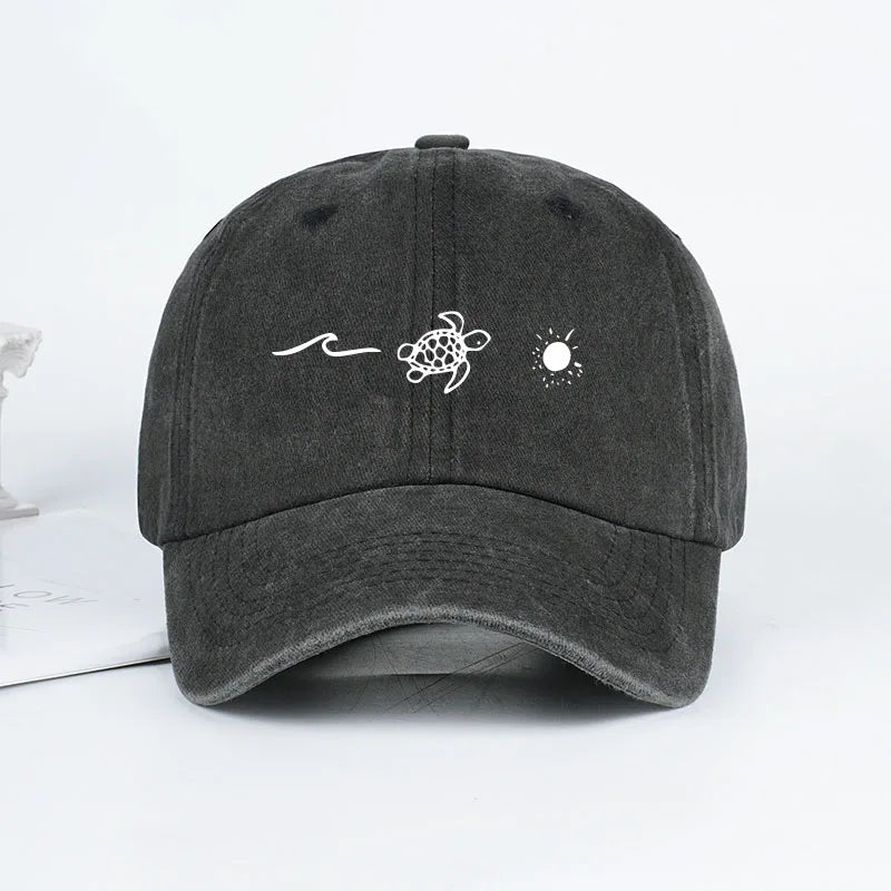 Retro Washed Baseball Cap With Wave Turtle and Sun Print Unisex Adjustable Dad Cap Summer Beach Sun Hat