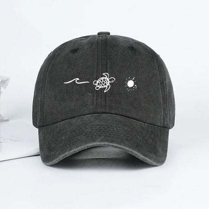 Retro Washed Baseball Cap With Wave Turtle and Sun Print Unisex Adjustable Dad Cap Summer Beach Sun Hat