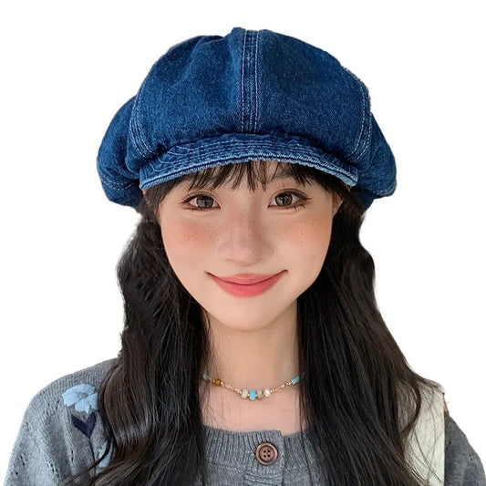 Washed Denim Cloud Hat Girls Versatile Octagonal Hat