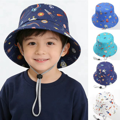 Kids Summer Sun Protection Cap Spaceship Planet Print Bucket Hat