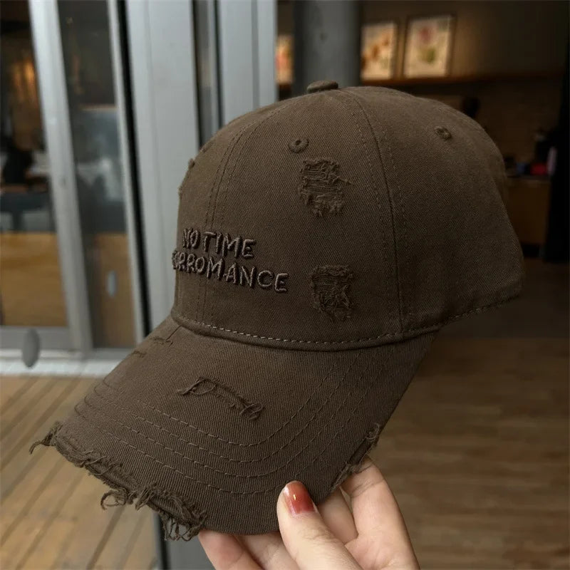 Distressed Women's Baseball Cap - Script Embroidery Washed Cotton Wide Brim Face Slimming Soft Sun Hat