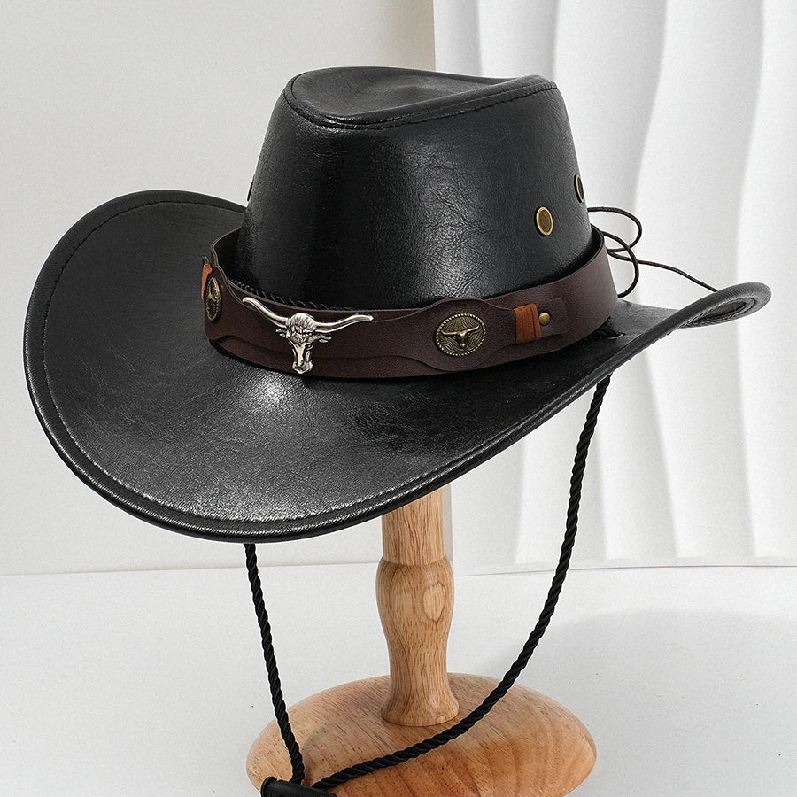 Unisex Vintage Faux Leather Western Cowboy Hat Outdoor Gentleman Cowgirl Jazz Cap