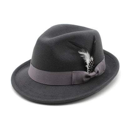 Men's Fedora Hat Felt Feather Decor Western Style Soft Brim Gentleman