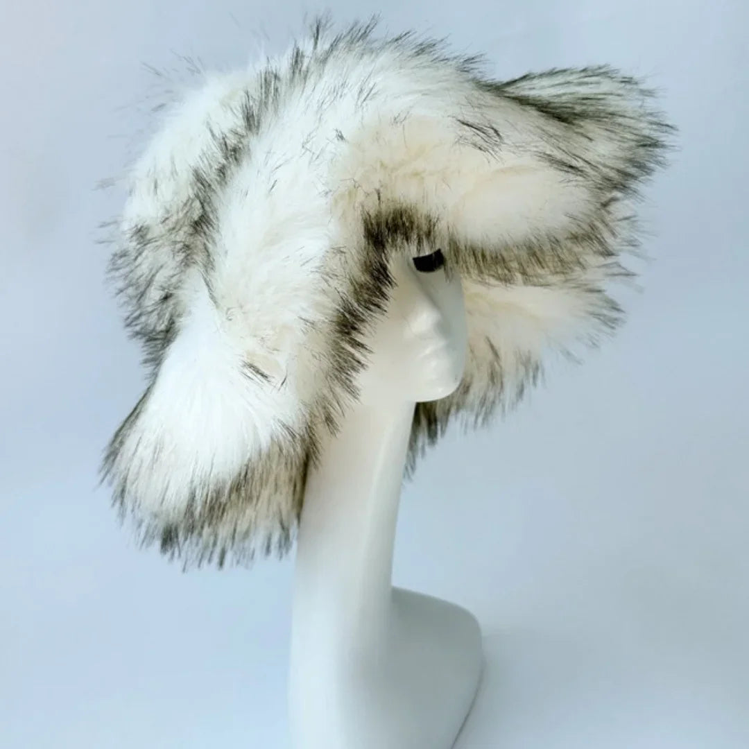 Luxury Fluffy Women Faux Fur Bucket Hats Oversized 17cm Wide Brim