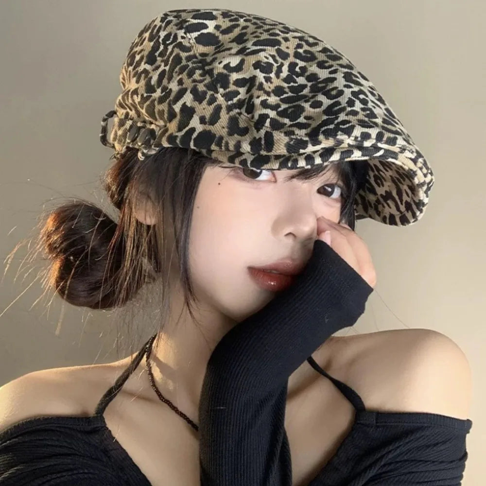 Fashion Retro Leopard Print Cap Baker Peaked Comfortable British Peaked Cap