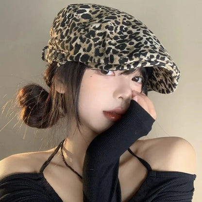Fashion Retro Leopard Print Cap Baker Peaked Comfortable British Peaked Cap