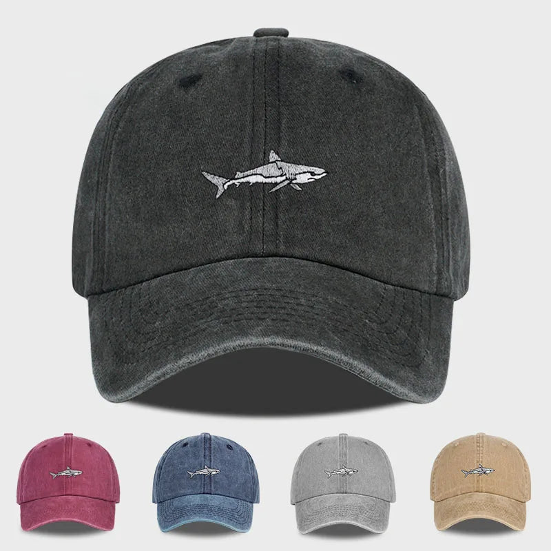 MLFO Shark Embroidered Pre Washed Baseball Cap Summer Wide Brim Cap Spring Casual Cap Outdoor Sun Hat