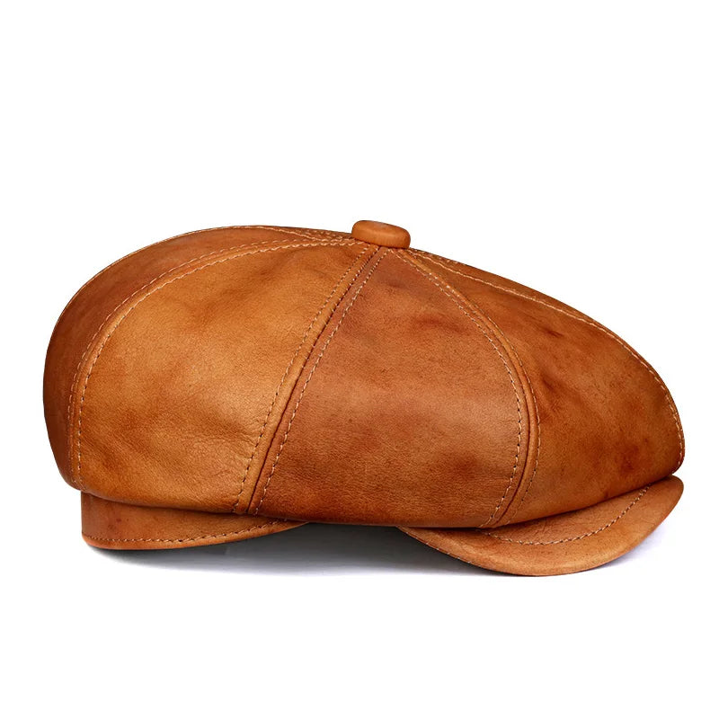 Leather Hat Beret Men Autumn British Retro Cowhide Octagonal Hat